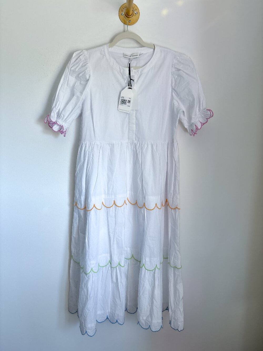 English Factory White Scallop Trim Midi Dress 🤍🌈| Tiered Puff Sleeve (L) NWT